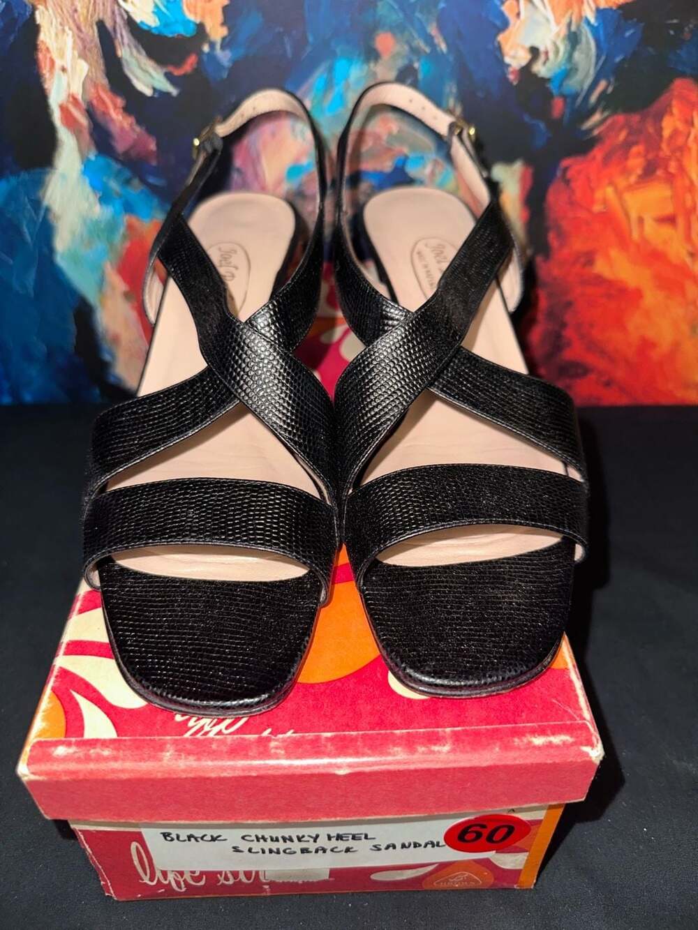 No.60 Joel Parker Black Textured Leather Slingback Block Heel Sandals
